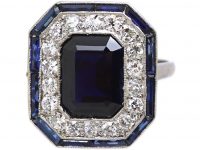 Art Deco Platinum Large Octagonal Shaped Ring set with a Large Sapphire & Diamonds