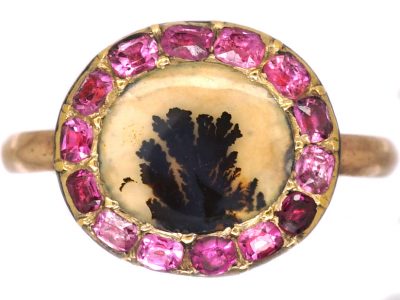 Georgian Gold Ring set with a Dendridic Agate Surrounded by Rubies