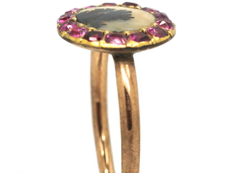 Georgian Gold Ring set with a Dendridic Agate Surrounded by Rubies