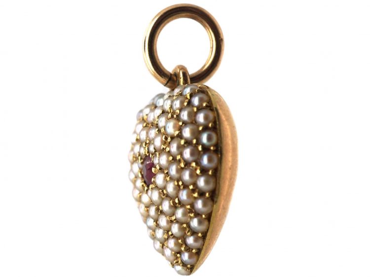 Victorian 15ct Gold Heart Shaped Pendant  Pavé Set with Natural Split Pearls & a Ruby