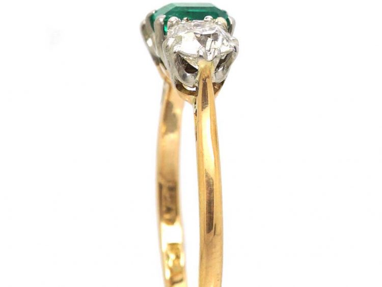 Art Deco 18ct Gold, Emerald & Diamond Three Stone Ring