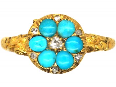 Early 19th Century 18ct Gold Locket Ring set with Turquoise & Diamonds