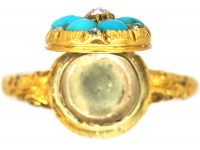 Early 19th Century 18ct Gold Locket Ring set with Turquoise & Diamonds