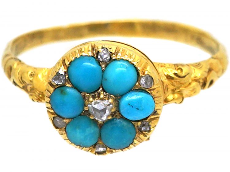 Early 19th Century 18ct Gold Locket Ring set with Turquoise & Diamonds