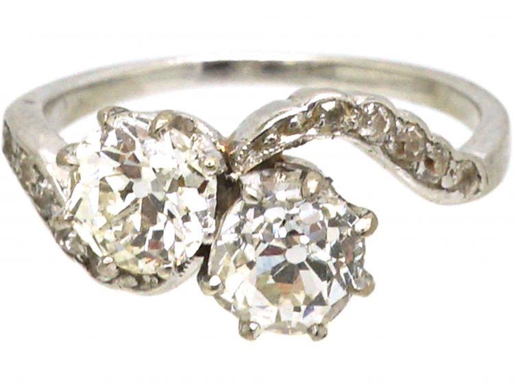 Edwardian Platinum, Two Stone Diamond Crossover Ring with Diamond Set Shoulders