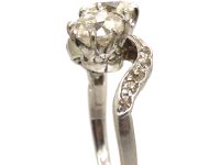 Edwardian Platinum, Two Stone Diamond Crossover Ring with Diamond Set Shoulders