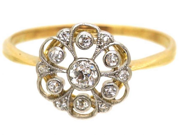 Edwardian 18ct Gold & Platinum, Pierced Diamond Cluster Ring