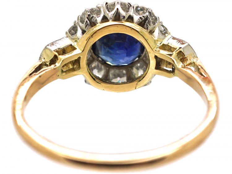 Edwardian 18ct Gold, Sapphire & Diamond Cluster Ring with Diamond Set Shoulders
