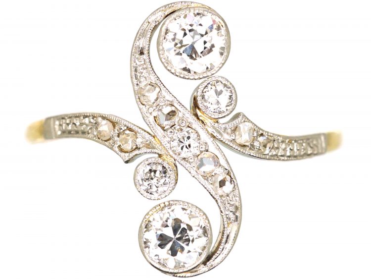 Art Nouveau 14ct Gold & Platinum Twist Ring set with Diamonds
