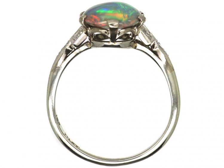 Art Deco 18ct White Gold & Platinum, Black Opal Ring with Diamond Set Shoulders