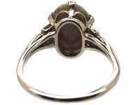 Art Deco 18ct White Gold & Platinum, Black Opal Ring with Diamond Set Shoulders