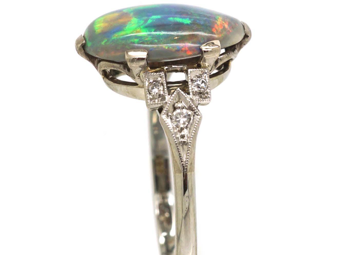 Art Deco 18ct White Gold & Platinum, Black Opal Ring with Diamond Set ...