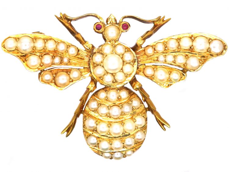 Victorian 18ct Gold Bee Brooch set with Natural Split Pearls & Cabochon Ruby Eyes