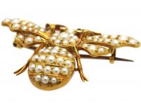 Victorian 18ct Gold Bee Brooch set with Natural Split Pearls & Cabochon Ruby Eyes