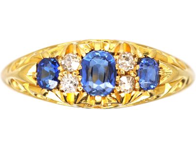 Edwardian 18ct Gold,Three Stone Sapphire & Diamond Carved Half Hoop Ring