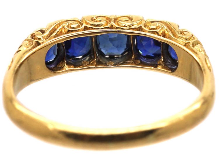 Victorian 18ct Gold Five Stone Sapphire Carved Half Hoop Ring with Rose Diamond Points