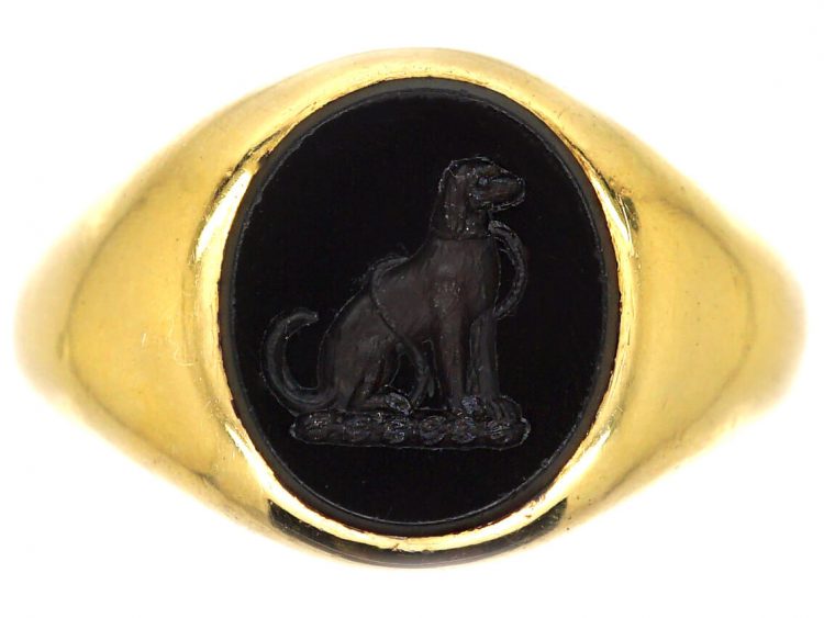 Edwardian 18ct Gold Signet Ring with Onyx Intaglio of a Dog