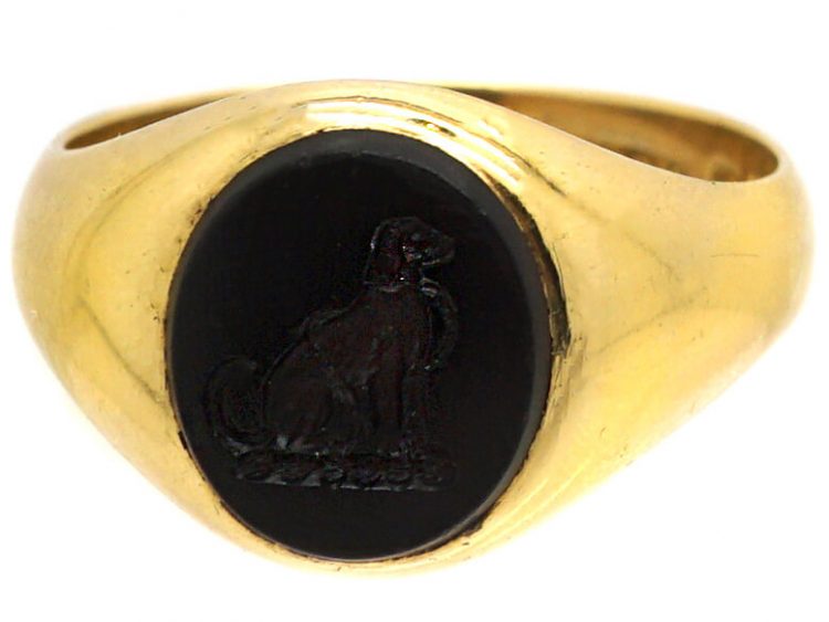 Edwardian 18ct Gold Signet Ring with Onyx Intaglio of a Dog