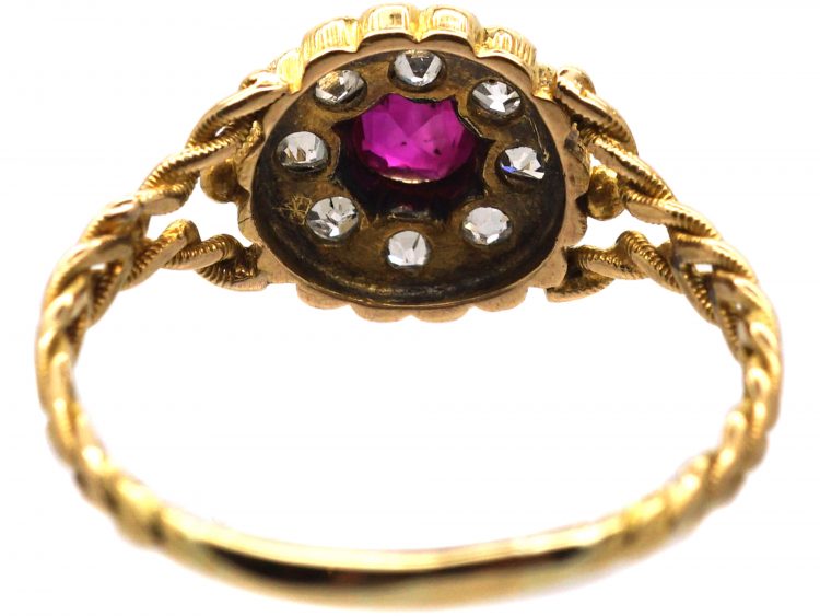 Edwardian 18ct Gold, Ruby & Diamond Cluster Ring with Plaited Shoulders