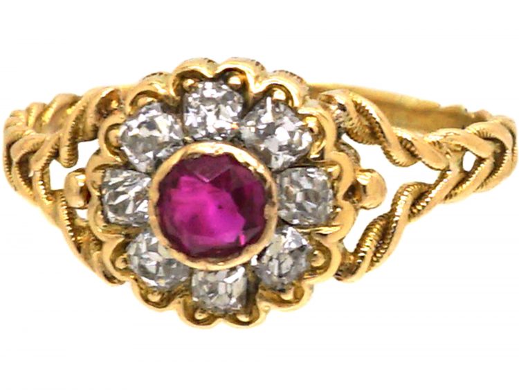 Edwardian 18ct Gold, Ruby & Diamond Cluster Ring with Plaited Shoulders