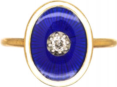 Edwardian 18ct Gold Blue & White Enamel Ring with a Diamond in the Centre