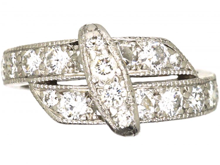 Art Deco Platinum & Diamond Crossover Ring with Buckle Detail