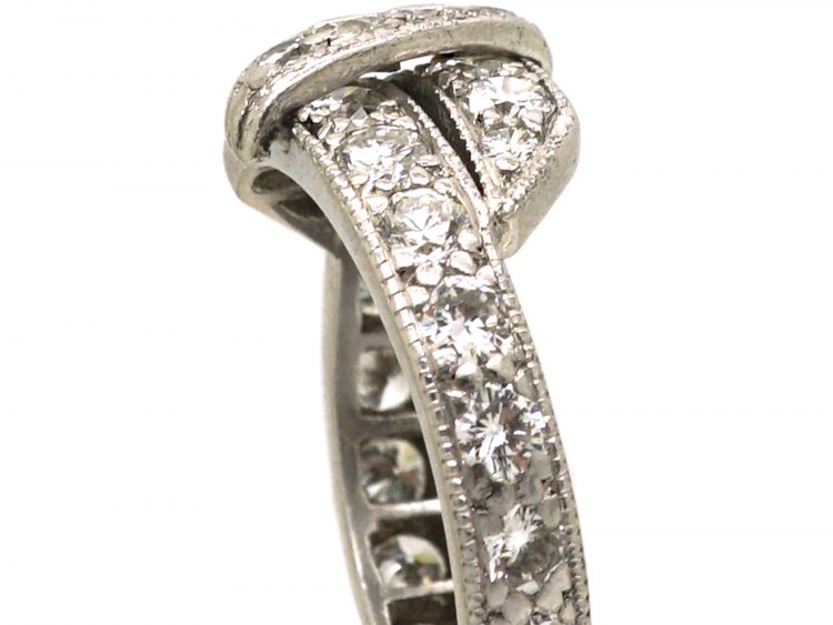Art Deco Platinum & Diamond Crossover Ring with Buckle Detail
