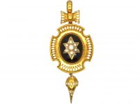 Victorian 18ct Gold Pendant by E. W Streeter set with a Cabochon Garnet with Natural Split Pearls