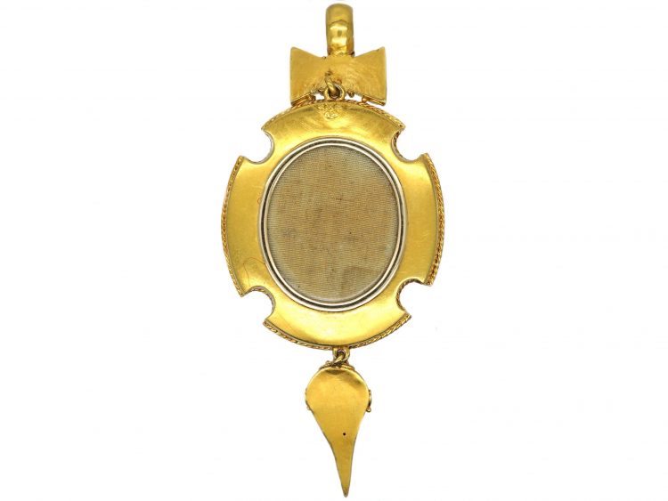 Victorian 18ct Gold Pendant by E. W Streeter set with a Cabochon Garnet with Natural Split Pearls