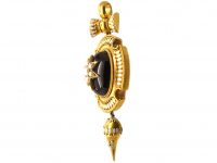 Victorian 18ct Gold Pendant by E. W Streeter set with a Cabochon Garnet with Natural Split Pearls