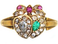 Victorian 18ct Gold Double Heart Ring set with Diamonds, Rubies & an Emerald