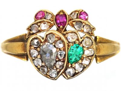 Victorian 18ct Gold Double Heart Ring set with Diamonds, Rubies & an Emerald