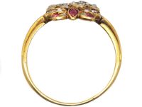 Victorian 18ct Gold Double Heart Ring set with Diamonds, Rubies & an Emerald