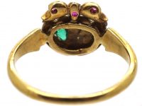 Victorian 18ct Gold Double Heart Ring set with Diamonds, Rubies & an Emerald