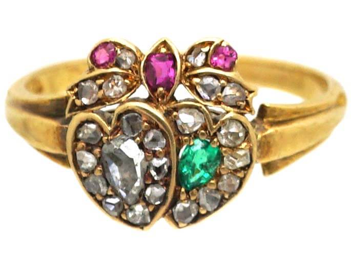 Victorian 18ct Gold Double Heart Ring set with Diamonds, Rubies & an Emerald