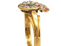 Victorian 18ct Gold Double Heart Ring set with Diamonds, Rubies & an Emerald