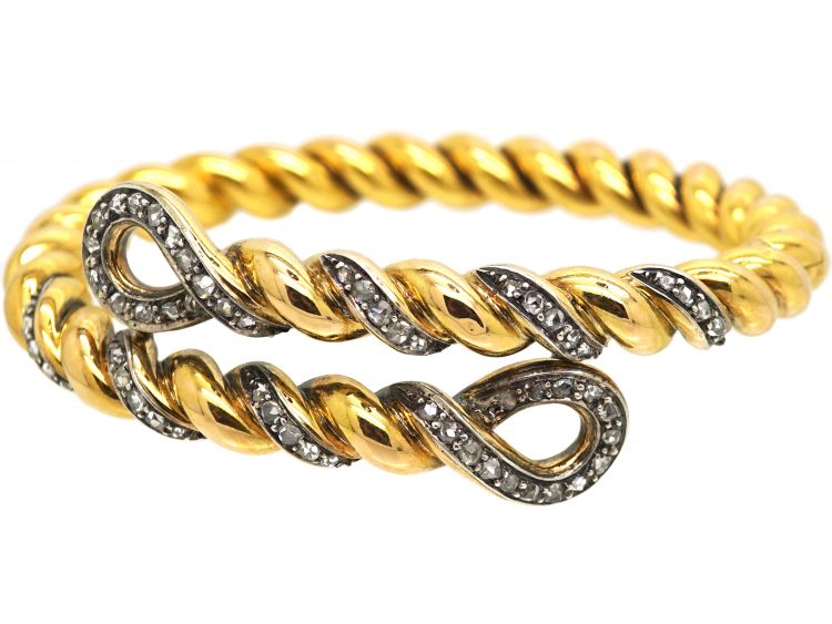 French Belle Epoque 18ct Gold Twist Bangle set with Rose Diamonds