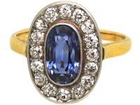 Early 20th Century French 18ct Gold & Platinum, Sapphire & Diamond Oval Cluster Ring