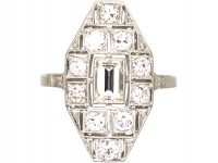 Art Deco Platinum Navette Shaped Ring set with Baguette & Round Diamonds