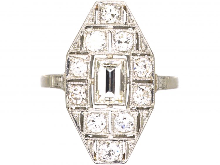 Art Deco Platinum Navette Shaped Ring set with Baguette & Round Diamonds