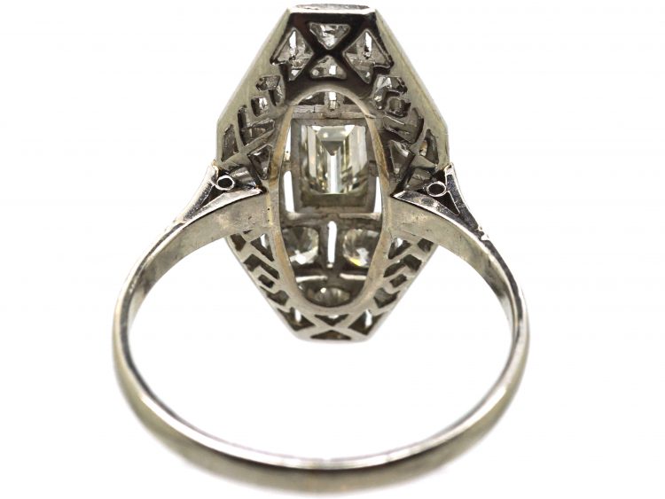 Art Deco Platinum Navette Shaped Ring set with Baguette & Round Diamonds