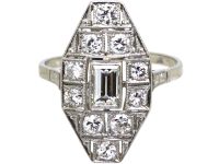 Art Deco Platinum Navette Shaped Ring set with Baguette & Round Diamonds