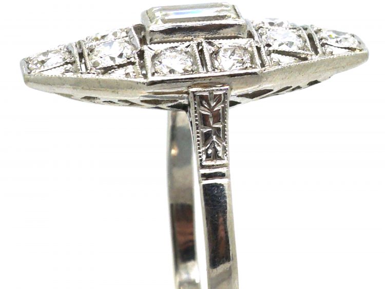 Art Deco Platinum Navette Shaped Ring set with Baguette & Round Diamonds