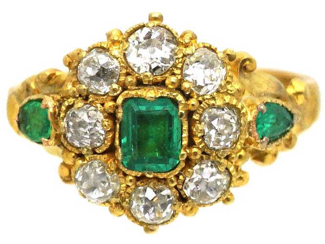Regency 18ct Gold Emerald & Diamond Cluster Ring with Emerald Set Shoulders