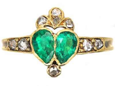 Georgian 18ct Gold Double Heart Ring set with Emeralds & Rose Diamonds