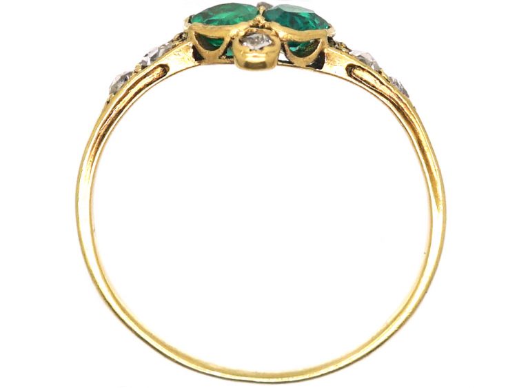 Georgian 18ct Gold Double Heart Ring set with Emeralds & Rose Diamonds