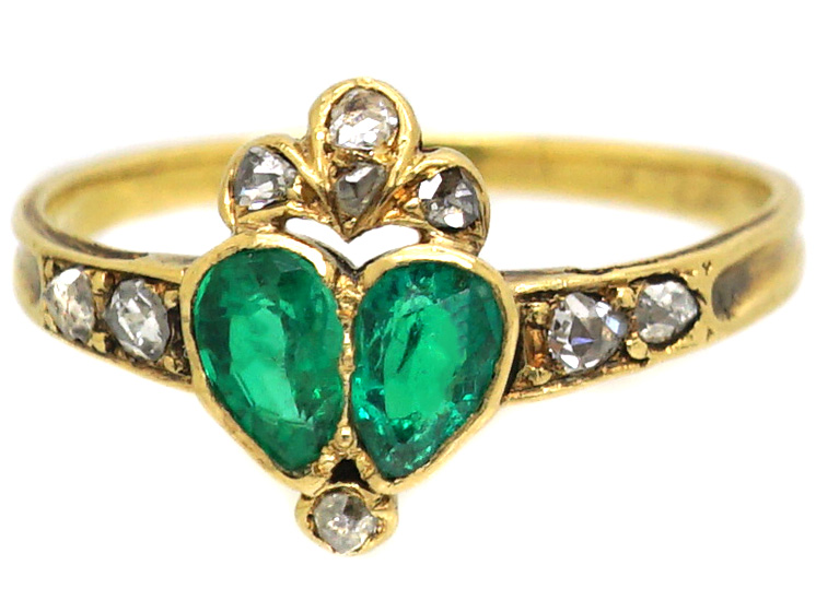 Georgian 18ct Gold Double Heart Ring set with Emeralds & Rose Diamonds