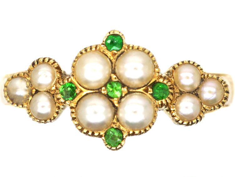 Edwardian 18ct Gold Cluster Ring set with Natural Split Pearls & Green Garnets