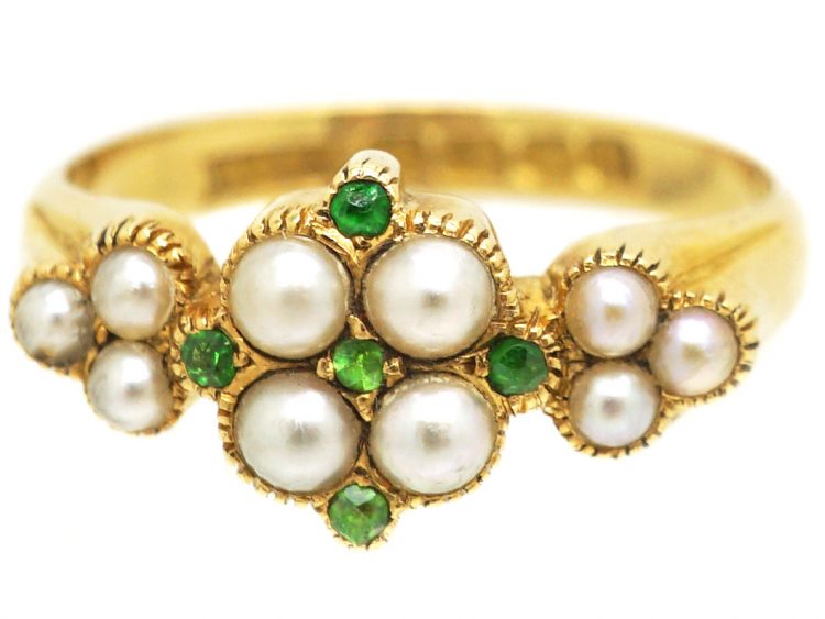 Edwardian 18ct Gold Cluster Ring set with Natural Split Pearls & Green Garnets