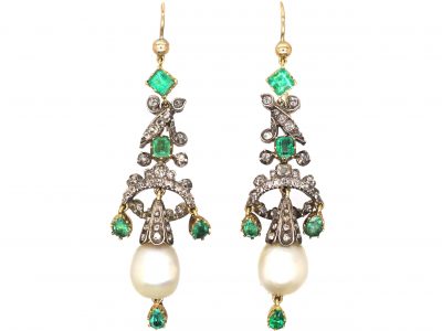 Georgian Emerald & Diamond & Natural Pearl Drop Coronet Earrings in Case